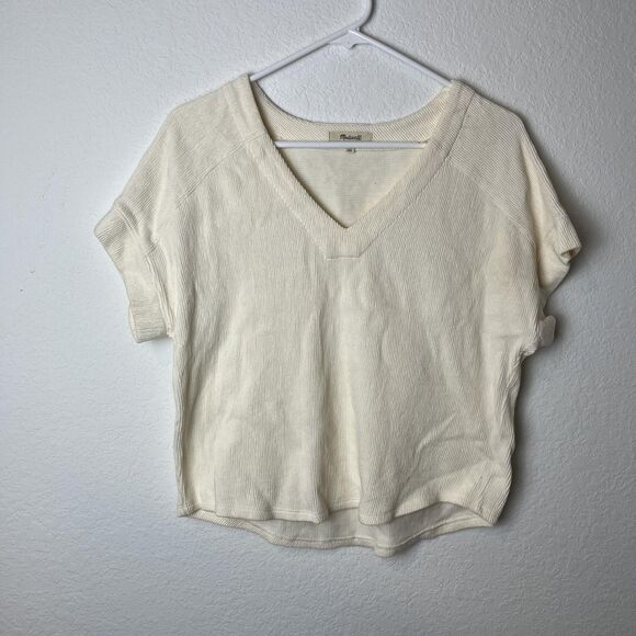 Madewell Sweater Womens XS Ivory Short Sleeve V-Neck Knit Pullover Casual Top - Picture 1 of 6